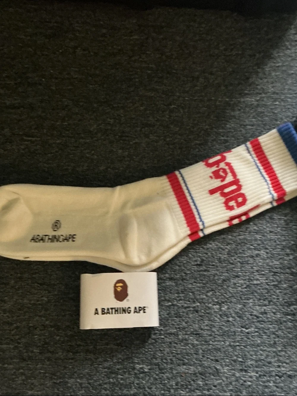 White Athletic Crew Socks with Red & Blue Stripes
